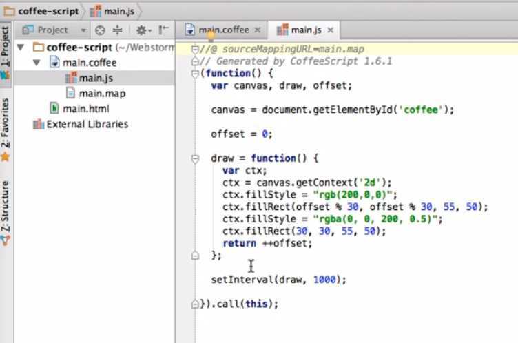 Coffeescript. COFFEESCRIPT синтаксис. COFFEESCRIPT код. COFFEESCRIPT пример кода. WEBSTORM отображение изменения в коде.