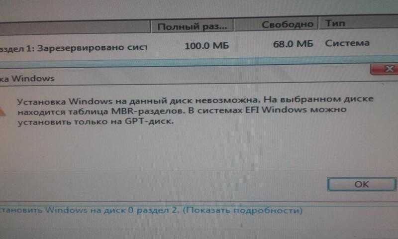 Установка невозможна выбранный диск имеет gpt