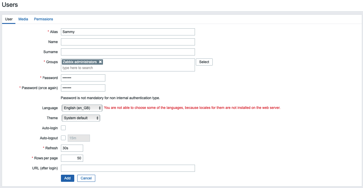 Zabbix default login password